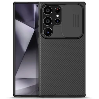 Samsung Galaxy S24 Ultra Telefontok - Nillkin csúsztatható kameravédős fekete hátlap tok
