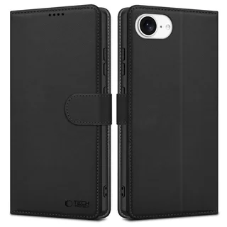 iPhone 16e telefontok - Tech- Protect Wallet - fekete bőr könyvtok, ráhajtófüllel ﻿