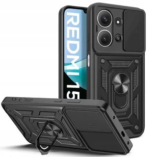 Telefontok Xiaomi Redmi 15C - Camshield - fekete szilikon tok, kitámasztó ujjgyűrűvel, csúsztatható kameravédővel
